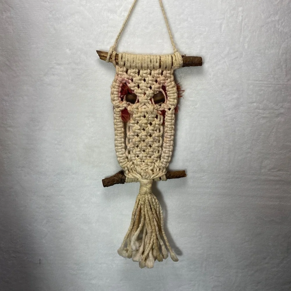 VTG 70s Boho Macrame Jute Owl Wood Wall Hanging Woven Driftwood Rustic Farmhouse